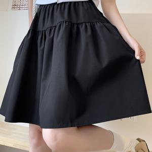 TEMU 여성용 단색 탄성 허리 베이스 스타일 스커트, 봄/여름에 적합, 포켓이 있는 하이웨이스트, 매력적인 A라인 미디 기장 스커트, 일상 캐주얼 및 직장복으로 적합한 플리츠 스타일