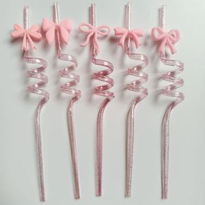 TEMU 25개 중 5개 핑크 리본 빨대, 반짝이는 재사용 가능한 플라스틱 나선형 빨대