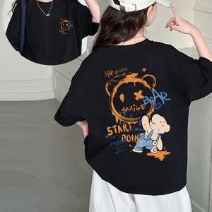 TEMU 소녀용 오버사이즈 반팔 티셔츠 - 별과 미소를 가진 블랙 기하학적 우주 곰 그래픽, 부드럽고 신축성 있는 원단, 라운드 넥, 세탁기 사용 가능한 여름 캐주얼 탑, 청소년 및 틴에이저 패션, 비투명 소재