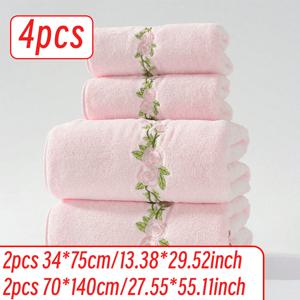 TEMU 4개 세트 2개 34*75cm + 2개 70*140cm 장미 자수 타월 울트라파인 코랄 소프트 편안한 흡수력 좋은 털빠짐 없는 머리 감기 타월 손가락 타월 홈 세안 목욕 타월 세트, 연인을 위한 선물