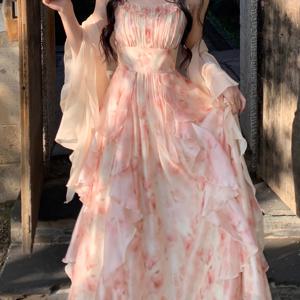 TEMU 우아한 중국 스타일 여성 여름 드레스 - 플로럴 프린트 조절 가능한 스파게티 스트랩, A라인 실루엣 & 크로스 헴, 기계 세탁 가능 캐주얼부터 포멀까지, 민소매 디자인, 파티 웨어, 가벼운 원단, 여성용