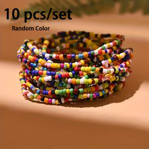 TEMU 10개 [컬러풀 브레이슬릿] 멀티컬러 씨드 비드 브레이슬릿 | 스타일 멀티 레이어 스택 가능 여성용 브레이슬릿, 캐주얼 웨어에 어울리는 생동감 넘치는 랜덤 컬러, 스택 가능 브레이슬릿 | 플레이풀 에스테틱