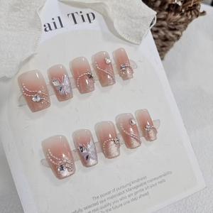 TEMU 달콤하고 자연스러운 인스타 스타일 10pcs 짧은 비즈 커튼 나비 드림 러브 블러시 엣지 고양이 눈 플래쉬 릴렉스 입체 네일 패션 감성 다용도 쿨 아이스 로맨틱 네일 세트