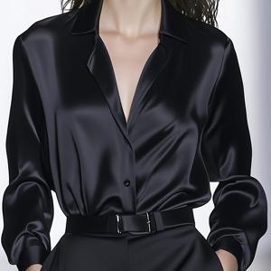 TEMU 여성용 단색 우아한 새틴 광택 긴팔 드레이프 셔츠, 스타일리시한 핏의 고급스러운 탑, 인플루언서들에게 인기 + [Nian Nian]