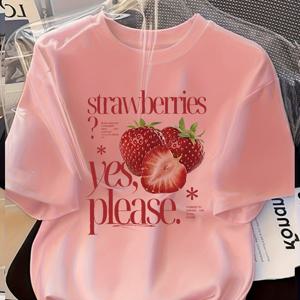 TEMU 여성용 캐주얼 반팔 티셔츠 - 귀여운 딸기 & 