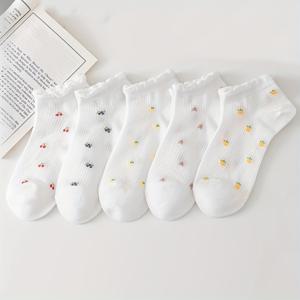 TEMU 5팩 여성용 통기성 여름 반바지 양말 - 귀여운 과일 & 채소 패턴, 메쉬 디자인, 가벼우면서 흡습 기능, 캐주얼 스타일을 위한 재미있는 양말