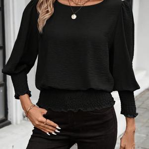 TEMU 여성용 캐주얼 단색 롤업 소매 라운드넥 셔츠, 가을/겨울 기본적인 데일리 상의