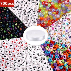 TEMU 700개 7색 원형 레터 비즈 아크릴 알파벳 숫자 비즈, 주얼리 제작 목걸이 팔찌용 1롤 탄성 스트링 코드 (7X4mm)