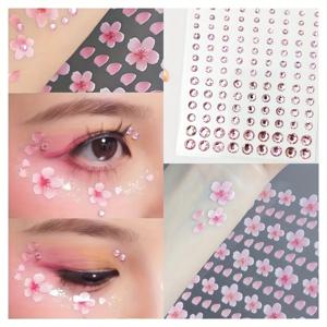 TEMU 2pcs 핑크 체리 꽃 피는 얼굴 및 눈 메이크업 데칼 - 스테이지 및 파티 메이크업용 자체 접착형 글리터리 라인스톤 스티커, 꽃과 기하학적 디자인으로 핑크 전통 스타일, 메이크업 액세서리, 파티 장식, 우아한 장식, 내구성 있는 접착제
