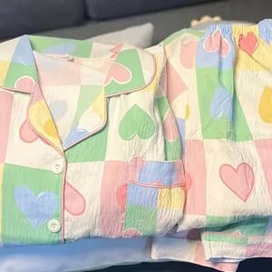 TEMU 스폰태너티 인스타일 컬러풀 하트 파자마 세트 여성용 - 봄/여름 얇은 투피스 패션 홈웨어 턴넥, 도파민 스타일 아웃핏