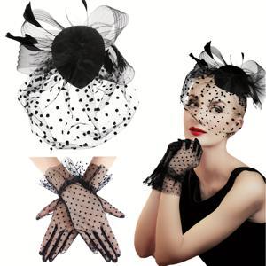 TEMU 여성용 1920년대 티파티 & 1920년대 코스튬 모자와 장갑 세트 - 깃털 더비 티아라와 베일 메쉬 헤드밴드, 레트로 웨딩, 할로윈, 로어링 투엔티스 (레이스 장갑)