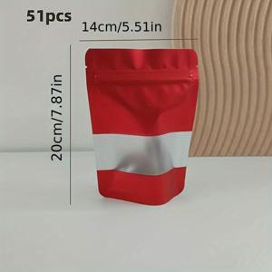 TEMU 51개 강화 지퍼 밀봉 레드 포일 파우치, 차·젤리·커피용 창문 포함 식품 보관 봉지