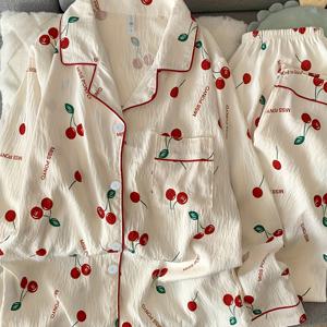 TEMU 새로운 스타일 여성용 신축성 없는 고품질 파자마, 긴소매와 긴바지, 달콤하고 귀여운 체리 프린트, 아우터웨어로 착용 가능, 라운지웨어 가디건, 캐주얼, 통기성 좋은 얇은 봄/여름 2피스 세트