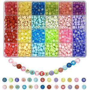 TEMU 2D 플랫 - 1200개입 (24칸) 컬러풀 아크릴 골드 비즈, 투명 화이트 레터 비즈, 플랫 라운드 비즈 (빨강, 노랑, 파랑, 초록, 분홍, 보라)