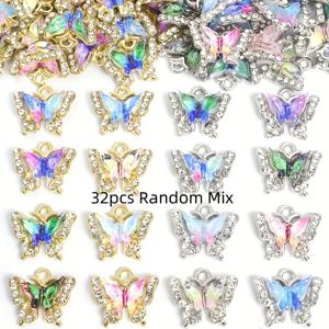 TEMU 32개/16개입 이중 레이어 나비 참, 멀티 컬러 그라데이션 아크릴 인레이 및 반짝이는 라인스톤 특징 - 금색 톤 합금 펜던트, 주얼리 제작, 브라이덜 액세서리, 나비 테마 주얼리 및 라인스톤 장식에 이상적