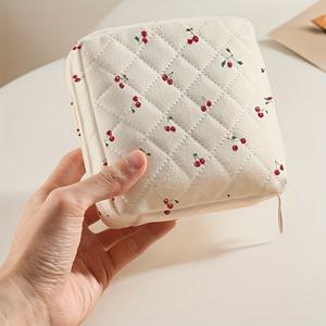 TEMU 소형 체리 패턴 그리드 대용량 생리대 보관 파우치, 캔디 및 잡동사니 정리 가방, 경량 다기능 고품질 빠른 수납 액세서리