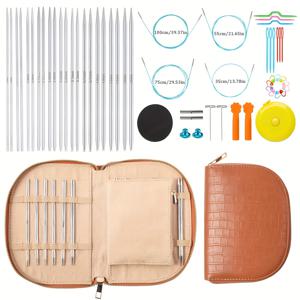 TEMU 56피스 원형 뜨개질 바늘 세트 (PU 가죽 케이스 포함), 스테인리스 스웨터 바늘, 교체 가능한 크로셰 바늘 및 소품 포함, 라운드 니팅 바늘, 엄마를 위한 완벽한 선물