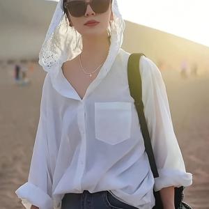 TEMU 우아한 여성용 특별 솔리드 레이스 패치워크 시어 후드 블라우스