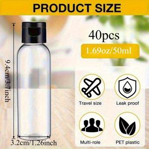 TEMU 40개 투명 플립탑 뚜껑 빈 병 - 여행용 50ml/1.69oz 누수 방지 용기, PVC 프리 플라스틱 병 (스냅 잠금), 화장품·피부케어·에센셜 오일 보관용 - 홈·여행·살롱·스파에 적합, 세척 쉬운 디자인, 컴팩트 패키징, 내구성 강화, 리필 가능, 가정 정리용