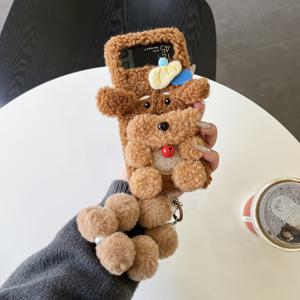 TEMU 플러시 3D 테디 강아지 접이식 휴대폰 케이스, 삼성 Z Flip3/4/5/6 호환 플립 커버, 전신 보호 및 랜야드 팔찌 포함