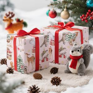 TEMU 크리스마스 포장지 1롤 | 파스텔 수채화 그림 크리스마스 동물, 크리스마스 트리, 선물, 별 패턴. 크리스마스 파티, 휴일 장식, 선물 포장, DIY 공예, 집 꾸미기, 부모-자녀 상호작용, 마켓 디스플레이, 새해 분위기 연출에 적합 - 43cm × 500cm / 17인치 × 16.4피트