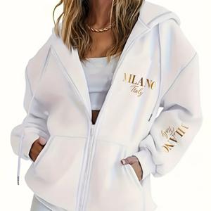 TEMU 여성용 두꺼운 플리스 지퍼업 후드티, 따뜻하고 편안하며 프린트된 글자가 특징이며 드로스트링 후드와 캥거루 포켓이 있습니다. 가을과 겨울의 캐주얼 외출에 적합합니다.