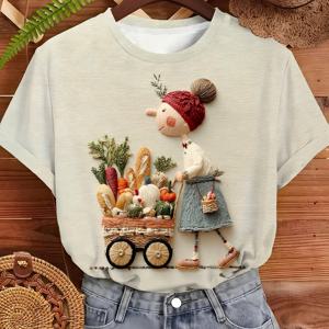 TEMU [프린트 디자인 - 텍스처 없음] 시골 스타일 유모차 프린트 여성용 반팔 티셔츠, 캐주얼 데일리 다용도 상의, 100% 폴리에스터 | 세탁기 사용 가능