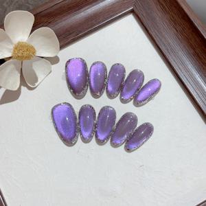TEMU 고품질 보라색 반투명 고양이 눈 효과가 있는 수제 인조 손톱 10개, 탈부착 가능한 디자인, 섬세한 글리터 및 아이시 엣지 특징. 착용 보조 도구 키트가 포함된 애호가를 위한 새로운 가을-겨울 네일 아트 세트