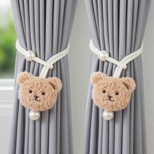 TEMU 모던 3D 베이지색과 갈색 곰 인조 진주 장식 조절식 커튼 타이백 2개, 드릴링 필요 없는 폴리에스터 로프 커튼 타이백, 거실, 침실, 문 커튼에 적합, 집에 따뜻한 느낌을 더해줌