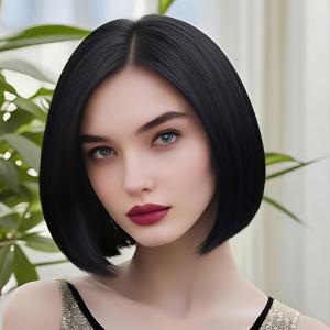 TEMU 중앙 파트 디자인의 블랙 12인치 보브 가발, 내열성 합성 소재로 제작되어 외관과 편안한 통기성을 제공하며, 일상복 및 코스프레에 적합합니다.