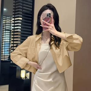 TEMU 여성용 우아한 오피스 캐주얼 폴로 칼라 백슬릿 가벼운 셔츠/롱 슬리브 블라우스, 학생 봄 여름 가을 출근 패션 페티트 숏 아우터웨어 탑