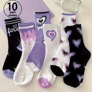TEMU 보라색 하트 패턴 양말 4켤레 또는 10켤레 랜덤 세트, 편안하고 통기성 좋은 미드 카프 양말, 여성용 스타킹 및 양말