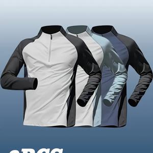 TEMU 남성용 긴팔 스탠드 칼라 스포츠 셔츠 3종 세트, 스타일리시한 컬러 블록 스탠드 칼라 티셔츠, 봄/가을 야외 활동에 적합