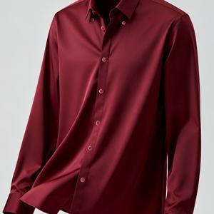 TEMU <2025 남성 셔츠 셀렉션 추천, 노치 라펠 버튼 플라켓> 남성 패션 정장용 버건디 오피스 셔츠, 봄/가을용, 올드 머니 스타일 드레스 셔츠, 긴소매 버튼다운 셔츠, 비즈니스 셔츠, 데일리웨어, 주름 방지 속건성, 비침 없는 원단, 매끄러운 질감, 클래식 칼라 디자인