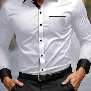 TEMU [Shule Water OBM] 남성용 비즈니스 정장 긴팔 셔츠, 비즈니스, 통근, 캐주얼 행사에 적합, 화이트 긴팔 셔츠, 대비 색상 남성용 버튼 프린트 정장 셔츠