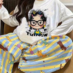 TEMU 신상 가을/겨울 여성용 만화 프린트 긴소매 크루넥 파자마 세트, 검은색 테 안경과 프린트 긴 바지, 꼼꼼하게 선별된/가을/겨울 필수품