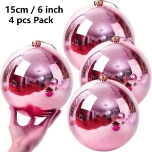 TEMU 15cm 및 20cm 직경의 핑크색 크리스마스 공 4개 세트. 튼튼한 플라스틱 재질, 깃털 없음. 결혼식, 크리스마스 트리, 화환, 문틀, 실내외 행사, 파티에 적합. 걸이 끈 포함.