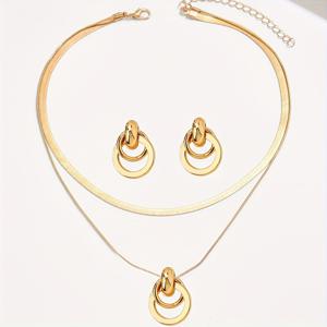 TEMU 2개 세트 가을-겨울 우아한 귀걸이와 목걸이 여성용 주얼리 세트, 패셔너블 메탈 스타일 기하학적 더블링 펜던트와 플랫 스네이크 체인, 라운드 스네이크 체인 더블 레이어 디자인 칼라본 체인, 데일리 캐주얼, 휴가, 고급스러운 느낌, 정교한 다용도 액세서리