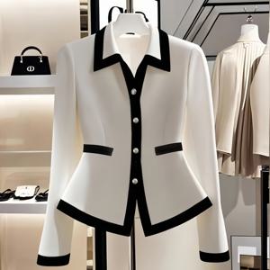 TEMU 아테네 스타일의 가을 여성 의류. 고급스러운 패션 색상, 라펠 디자인, 긴 소매, 메탈릭 버튼이 특징이며, 비즈니스 캐주얼 외출에 적합합니다.