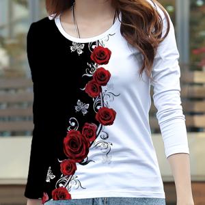 TEMU 여성용 스타일리시 긴팔 라운드넥 탑, 빨간 장미와 검은색 플로럴 프린트, 가을 및 겨울 외출 및 산책에 적합, 세탁기 사용 가능 및 드라이 클리닝 가능