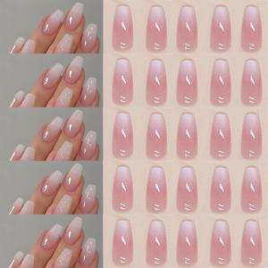 TEMU 120개입 미디엄 사각 흰색 코핀 모양 인조 네일 (그라데이션 끝), 풀 커버리지 접착제 및 광택 느낌 제공, 재사용 가능한 아크릴 네일