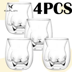 TEMU 고붕규산 유리 보온 텀블러 4개 세트, 만화 아기 고양이 머그, 가족용 보온 커피 컵, 우유 컵, 아침 식사 컵, 재사용 가능, 손세척 전용 - 가족 모임 및 휴일에 이상적 | 모던 스템드 글라스 | 투명 유리컵, 발렌타인데이, 카니발, 부활절, 어머니의 날 선물용으로 적합, KAPLAN