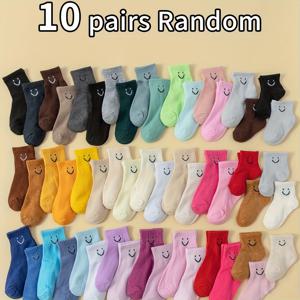 TEMU 단색 만화 패턴 디자인 미드 튜브 스포츠 양말 10켤레, 통기성 좋고 편안한 캐주얼 스타일, 남녀아이 데일리웨어용, 가을 겨울 아기 양말