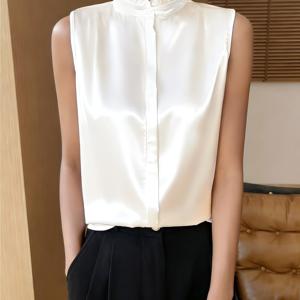 TEMU 여성용 우아한 민소매 버튼 프론트 셔츠 - 스탠드 칼라, 매끄러운 질감의 단색 블라우스, 계절별로 적합, 캐주얼부터 드레시까지 다양한 스타일