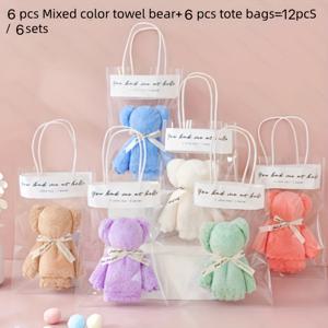 TEMU [귀여운 곰 선물] 12개/6세트 귀여운 곰 타월 선물 세트 | 발렌타인데이, 결혼식, 생일, 어버이날, 크리스마스 파티 선물용 투명 파우치 포함 - 세면 타월