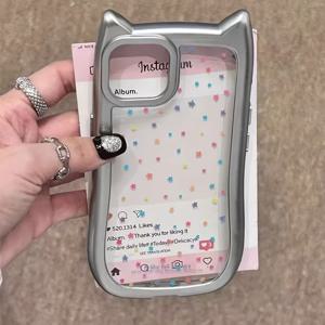 TEMU 인스타 스타일 컬러풀 별 고양이 귀 휴대폰 케이스, 아이폰 17/17 Air/16/15/14/13/12/11 Pro Max/XS Max 시리즈 모델과 호환. 크리스마스와 새해에 친구, 친척, 파트너를 위한 생일 선물 또는 사업 선물로 적합. 전기도금 고양이 귀 - 실버리 - 컬러풀 별 1174SC