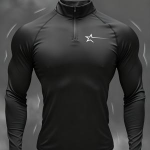 TEMU 남성용 슬림핏 피트니스 셔츠, 블랙 캐주얼 스포츠 러닝, 트레이닝, 피트니스 및 아웃도어 활동용, 세탁기 사용 가능, 드라이클리닝 불가능, 다용도 캐주얼 웨어