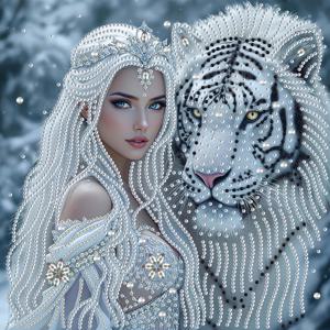 TEMU 화이트 라이온 & 뷰티 패턴 페인팅 세트 | 라인스톤, 아크릴, 2D 플랫 특수 효과, 무테, 특별한 모양의 라인스톤으로 부분적으로 장식