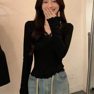 TEMU 1개 여성용 슬림핏 V넥 레이스 블라우스 - 한국 스타일 긴팔 셔츠, 봄/가을 레이어링용 미디엄 스트레치 베이스 레이어, 세탁기 사용 가능한 솔리드 컬러 탑