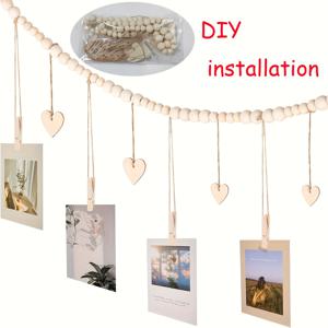TEMU 1/2 발렌타인데이 스타일 행잉 사진 디스플레이 벽 장식 세트. 나무 비즈 행잉 라인, 클립 9개, 하트 모양 태그 6개 포함. 가정, 침실, 거실 장식, 생일 선물, 어버이날 선물로 적합